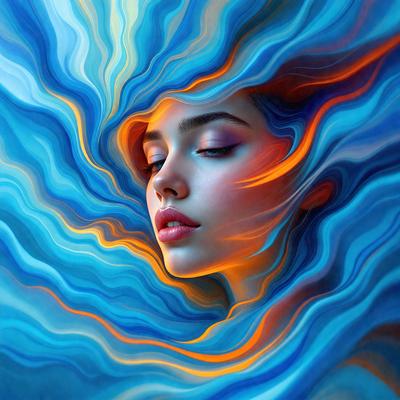 The primary subject of the image is a woman with long hair, who is the main focus of the scene. She is surrounded by a vibrant blue and orange background, which adds a sense of depth and color to the image. The visual style of the image is a combination of digital art and illustration, creating a unique and eye-catching representation of the woman. The colors and mood of the image are predominantly blue and orange, which evoke a sense of warmth and energy.